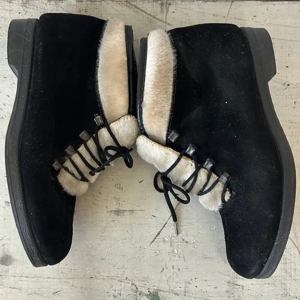 Vintage 70s Yodelers Aspen Black Suede Faux Fur Apres Ski Snow Ankle Boots 7